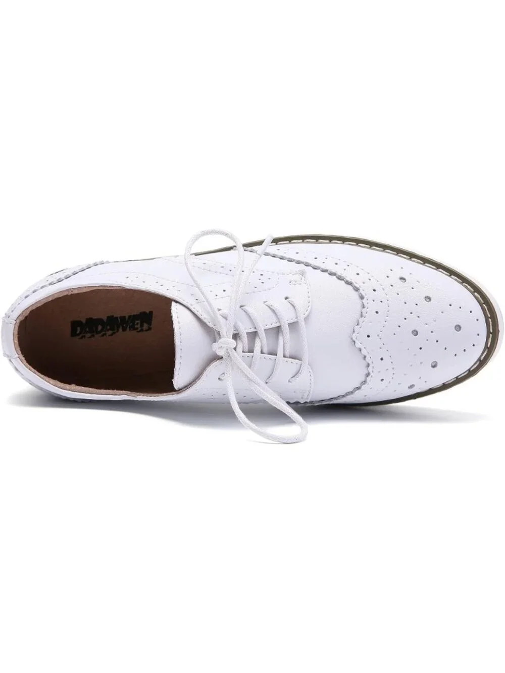 Women's White Round Toe Lace Up Leather Oxford Shoes Wingtip White Platform